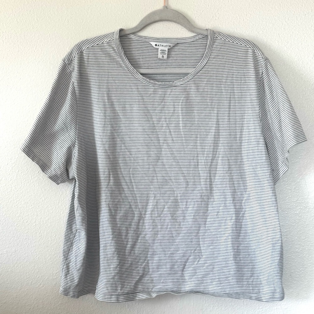 Athleta Essential Tee Relaxed Fit Top Black White Striped Cotton Blend Crop XL